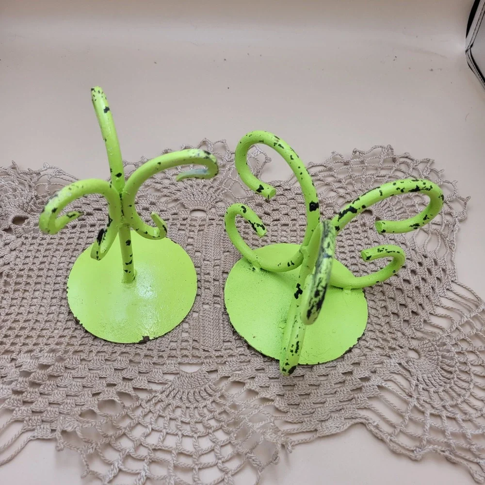 Lime Green Shabby Chic Metal Pillar Candle Holder Set Scroll Cottagecore 2pc